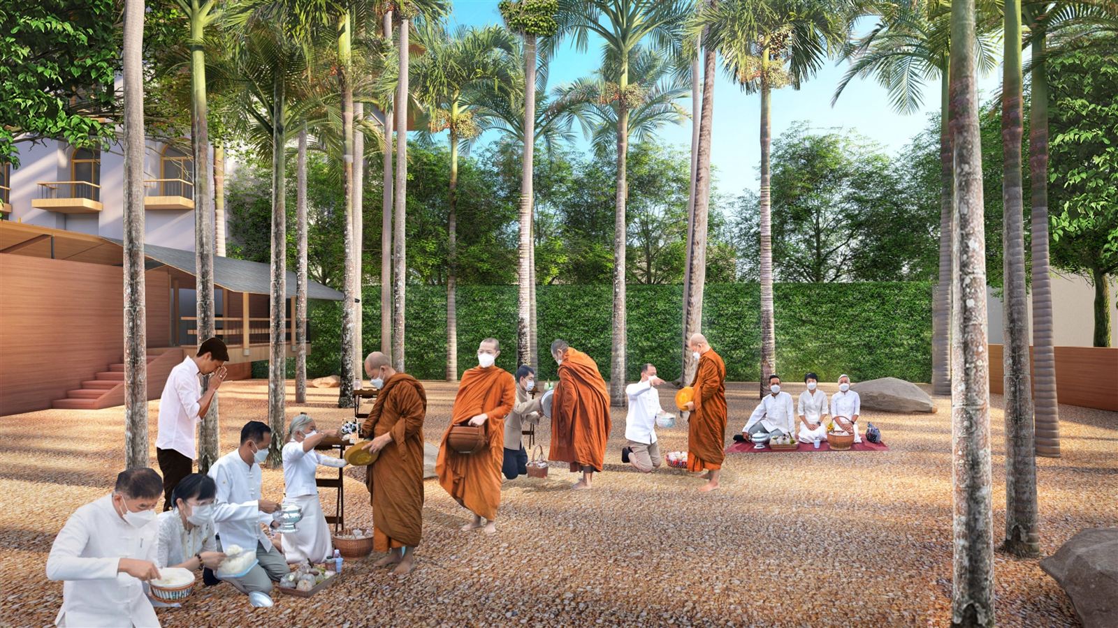 Morning alms-giving beneath tall palms in Sakon Nakhon
